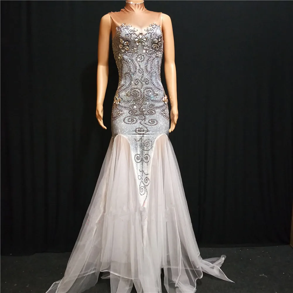 Silver Rhinestones Gauze Trailing Long Dress Women Prom Birthday Party Evening  Celebrate Dress Singer Stage Show Costume