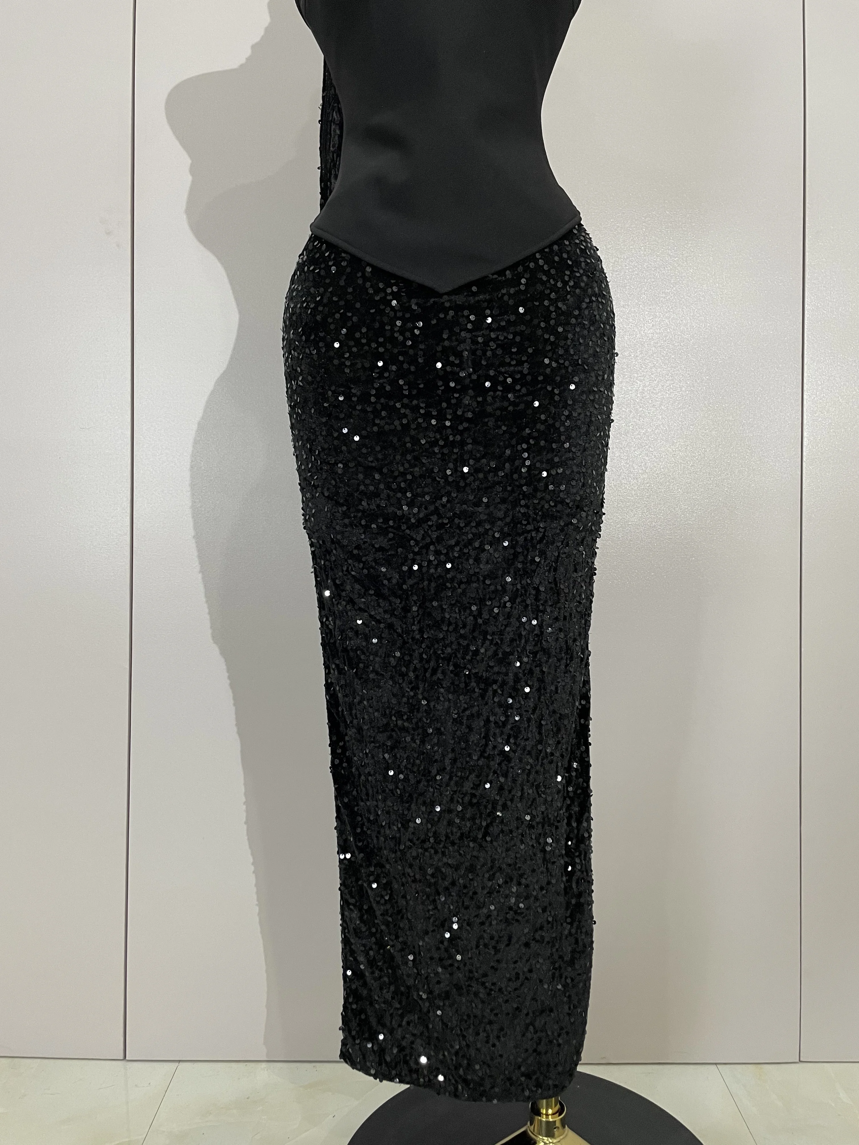 Błyszczący Cekinowy Seksowny Bez Ramiączek Czarny Maxi Długi Bandage Trzyczęściowy Zestaw 2025 Kobiety Eleganckie Wieczorowe Klubowe Imprezowe Urodzinowe Suknie Balowe