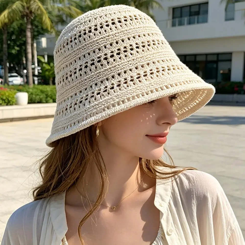 Casual Sun Protection Fisherman Hat for Women Pure Color Breathable Hollow Design Summer Basin Hat for Daily Outdoor