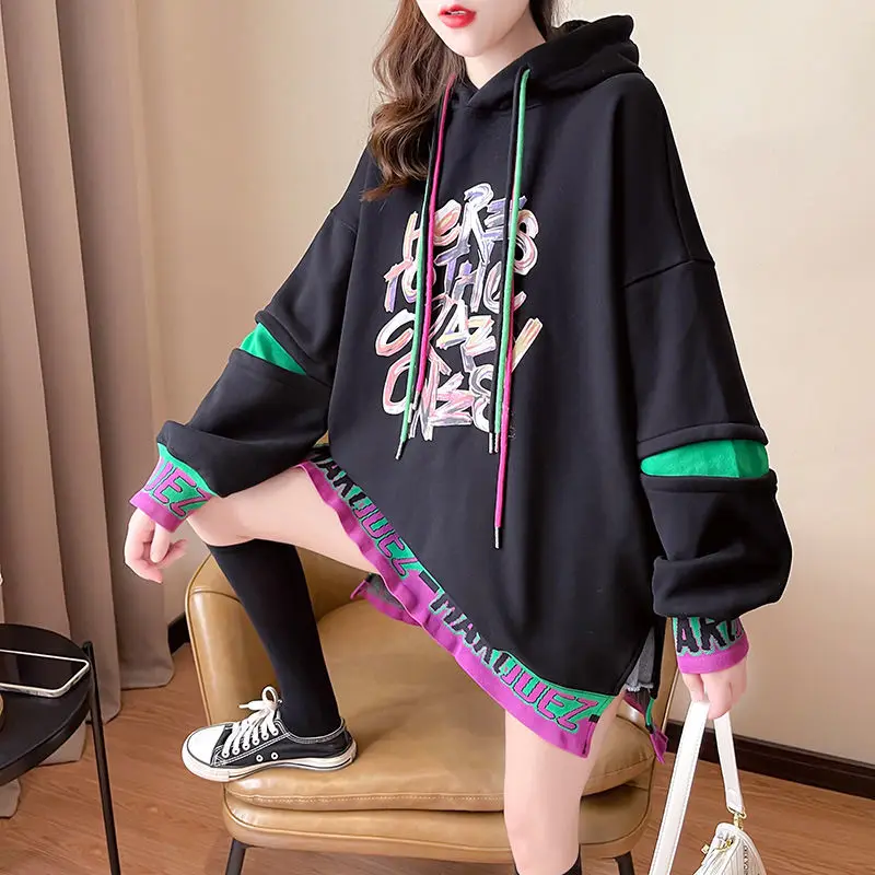 Autumn Winter Korean Loose Printing Hoodies Female All-match Patchwork Long Sleeve Thick T-Shirts Women Clothes Mid Length Top