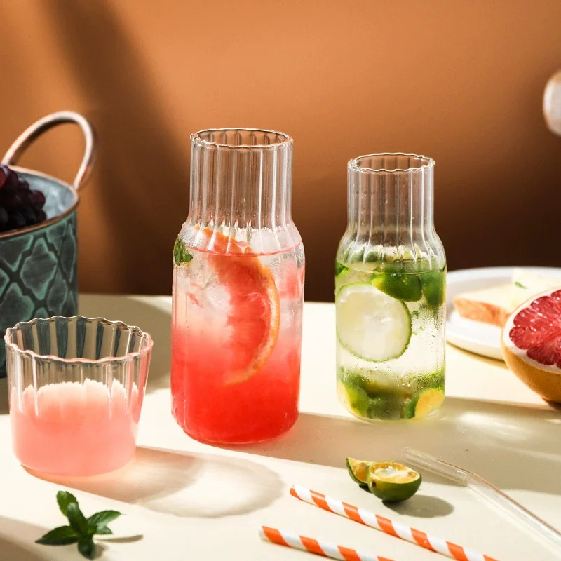 Glass Water Bottle Set 600ML/400ML Glass Bedside Water Bottle with Glass Drinking Cup for Milk Beverage Tea