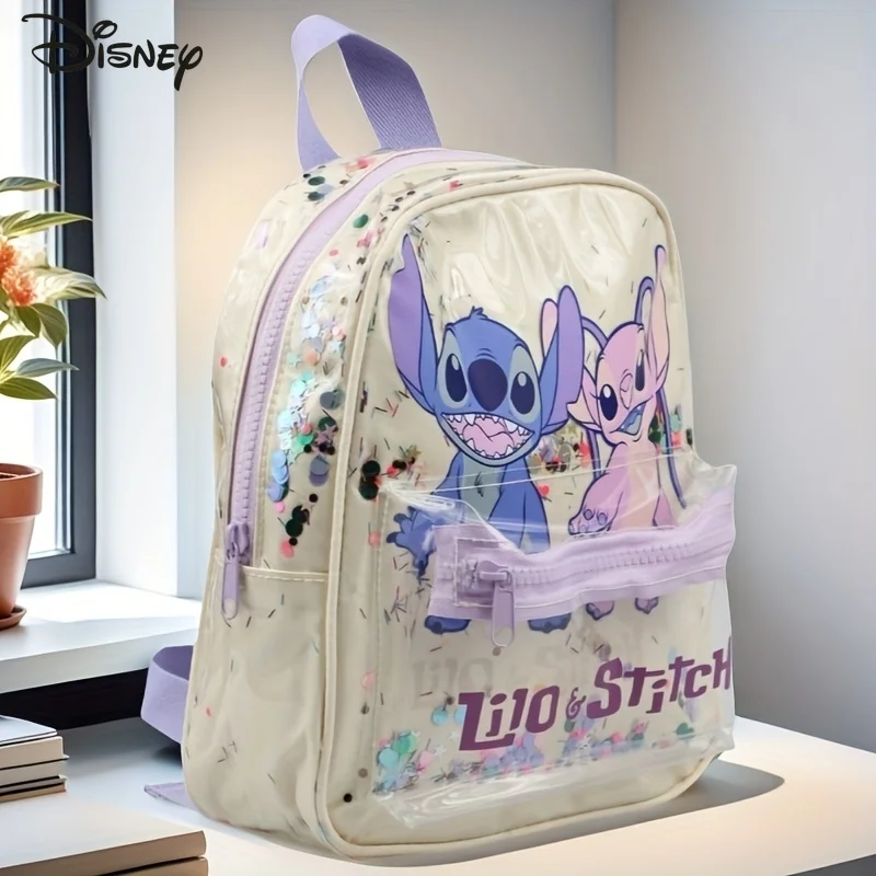 Disney Stitch Vintage Unisex Tote PVC Clear Sequin Backpack Zip Closure Adjustable Shoulder Strap Ideal for Work Travel Outdoor