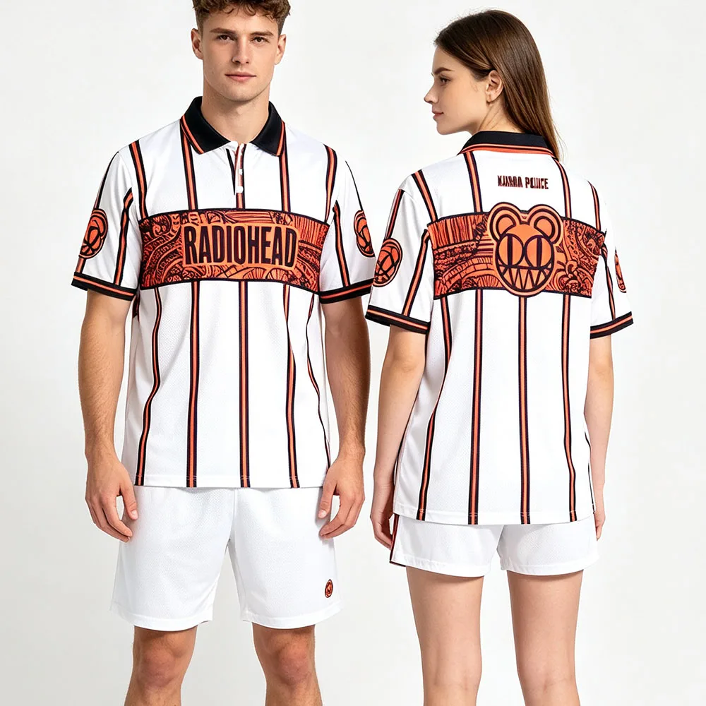 Radiohead Karma Police Graphic Polo Shirt Men Women White Vertical Striped Mesh T-shirt Unisex Short Sleeve Football Tshirts Top