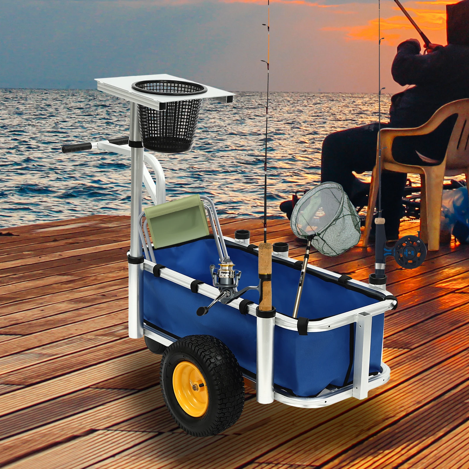 

Modern Outdoor Fishing Cart Aluminum Wagon-Rod Holders and Trolley Load-bearing 80kg With Brake Pad and Tires and Front Wheel