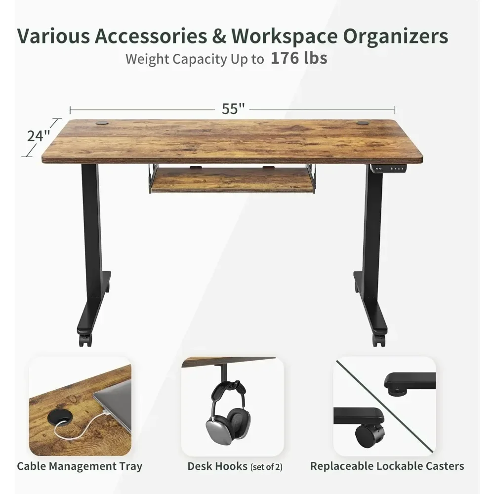 Standing Desk with Keyboard Tray, Office Furniture Sit, Stand Up Desk, Computer Games Table, Valores, Gamer Chair, Rustic Brown