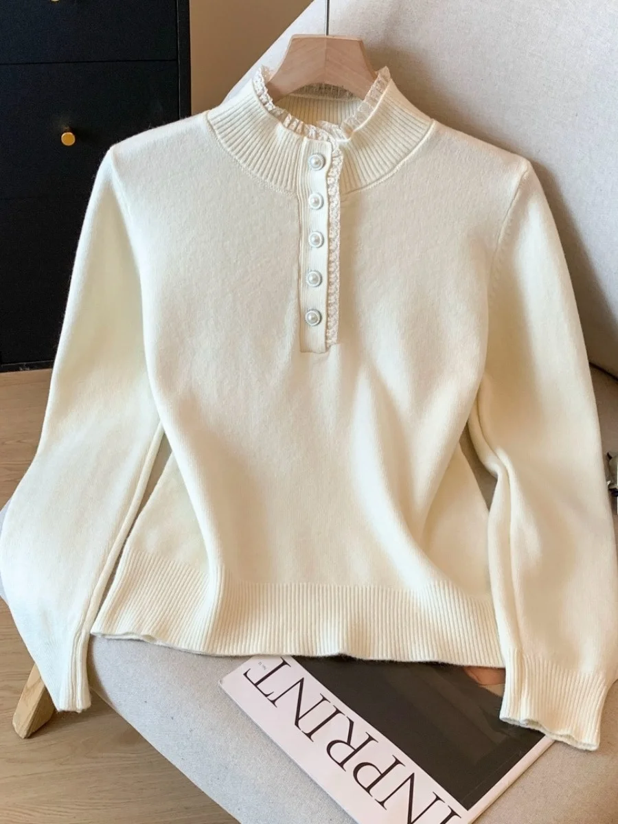 ay Spitzenbesatz f Strickpullover mit hohem Kragen für Damen, Herbst und Winter, Innenbekleidung, selbstklebendes Sle, koreanische Version, schmale Passform