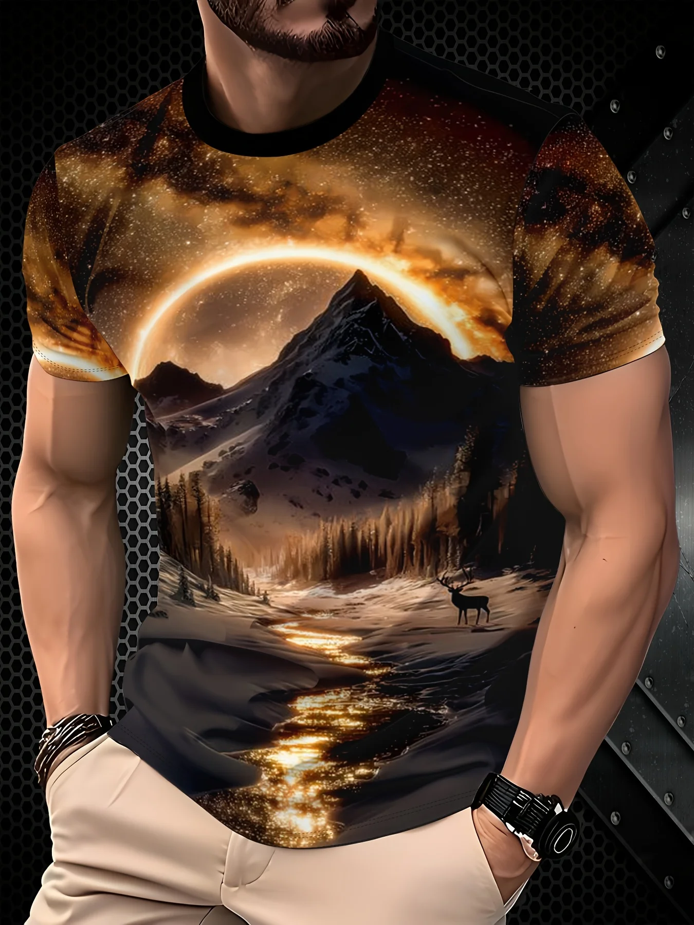 Men Mountain River Deer Ring Planet Night Scenery Print Short Sleeve Crew Neck T-shirt
