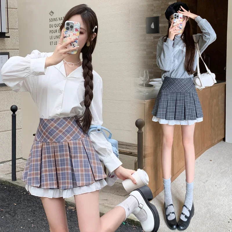 Sweet Plaid Pleated Skirts for Women Casual High Waist Slim Ruffles Skirts Korean Fashion Preppy Style All Match A-line Skirts