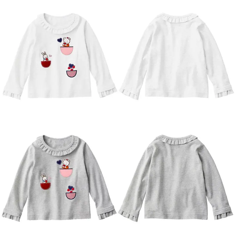 Family Children's Clothes Girls' Clothes Cartoon Love Rabbit Embroidery Doll Collar Long Sleeve T-shirt Underwear