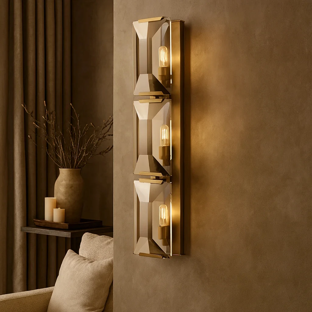 

Modern Decor Rectangular Crystal Glass Prisms Wall Scone for Villa Bedside Indoor Steel Antique Wall Lamps