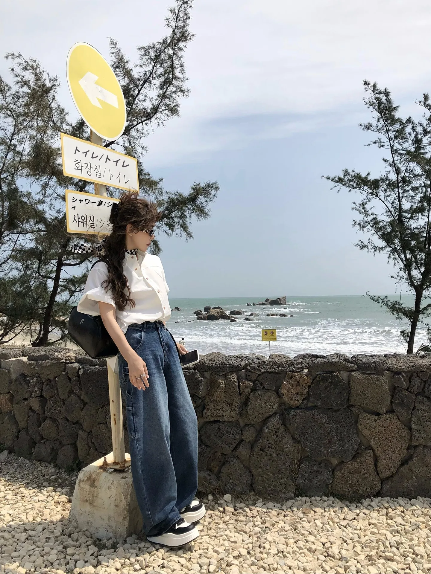 

Loose Wide Leg Blue Jeans Women's Spring Summer Casual Slimming Drapey Multi-Pocket Straight Leg Pants High Waist Cotton