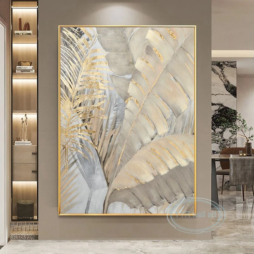 100% Handmade Oil Painting Abstract Gold Foil Banana Leaf Wall Decoration Picture Modern Light Luxury Canvas Art Hanging Poster