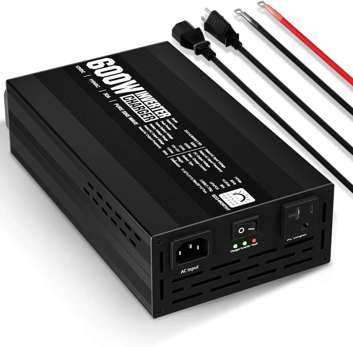600W Pure Sine Wave Inverter Charger with 30A LiFePO4 Battery & 20ms UPS, DC12V to AC110V, Surge 1200W for RV Roadtrips