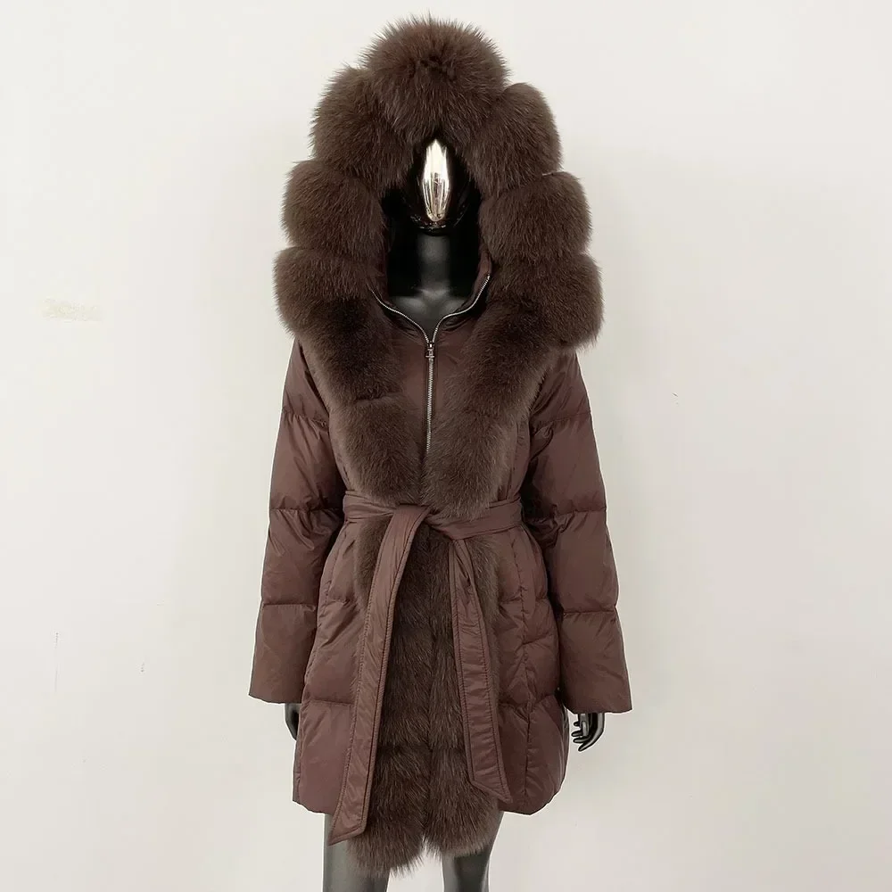 سترة شتوية غير رسمية للنساء بغطاء للرأس ملابس خارجية من فراء الثعلب الحقيقي الطبيعي سترة منتفخة سميكة ودافئة ملابس الشارع معطف أبيض مبطن للأسفل #3