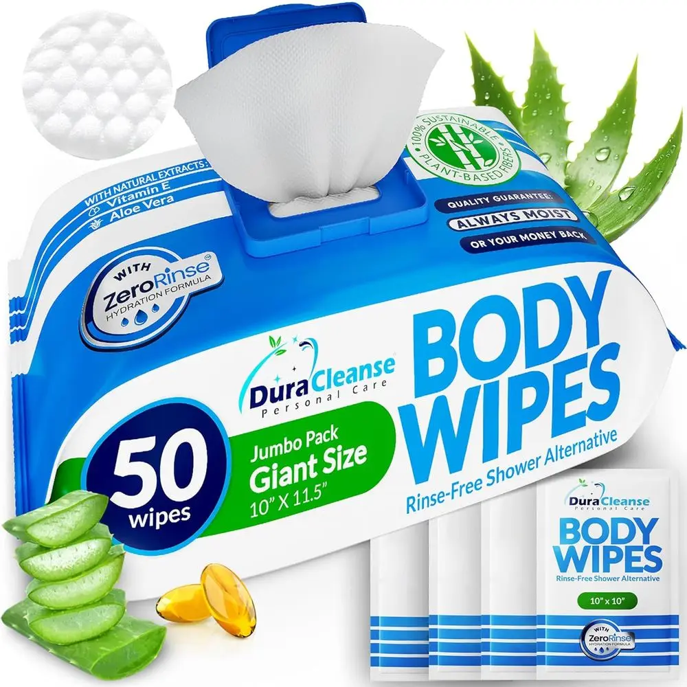 

Thick 50-Count Adult Bath Wipes with 4 Travel Shower Sheets for No-Rinse Cleansing