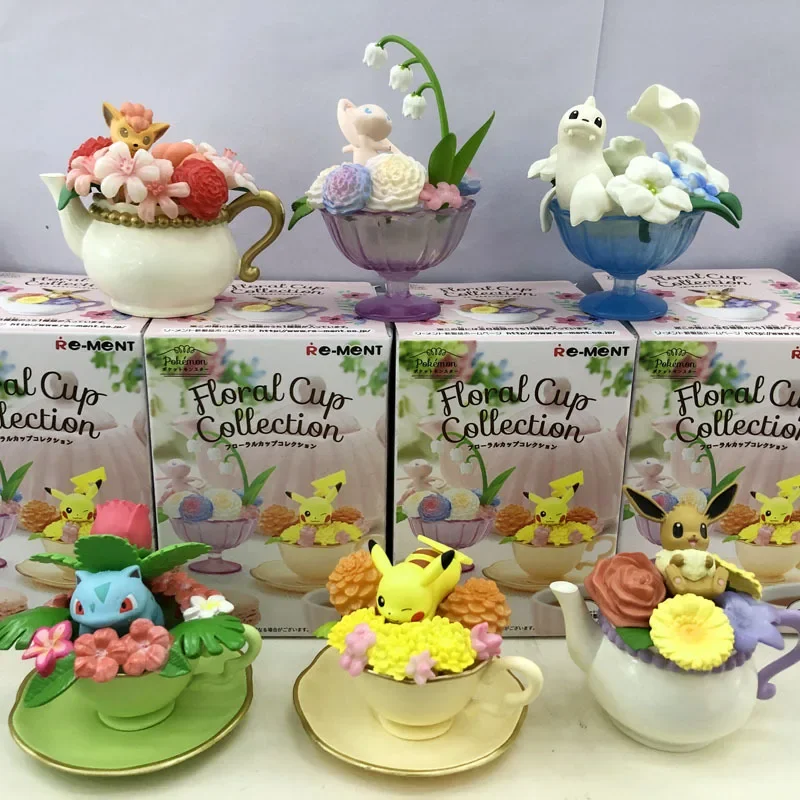 Pokemon Lovely Flower Tea Cup Series Pikachu Eeveelution Vulpix Bulbasaur Model Doll Teacup Sprite Desktop Collect Decoration