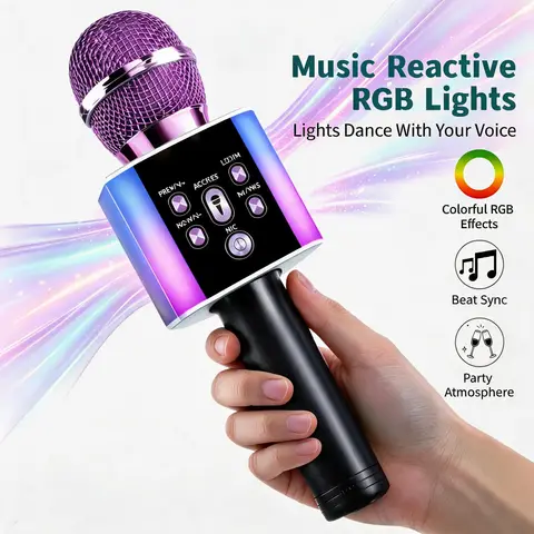 Microfone de Karaokê Sem Fio com Luzes LED e Divertido Modificador de Voz - Microfone Portátil para Festas ao Ar Livre e Reuniões Familiares, Karaokê Estéreo para Viagens, Carro e Acampamento - Acessório Divertido para Festas de Verão, Presente de Aniversário