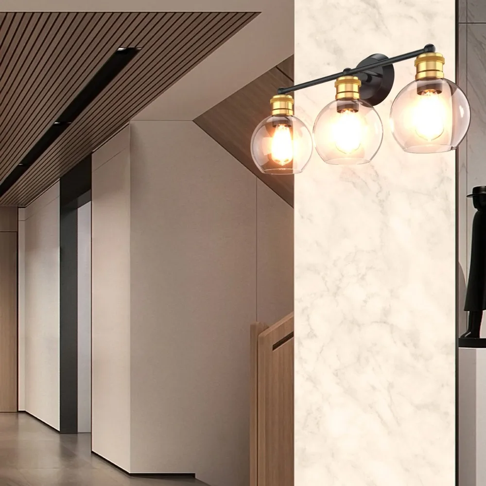 3-light Vanity Bathroom Light w/ 7" Round Clear Glass Shade Vintage Wall Sconce