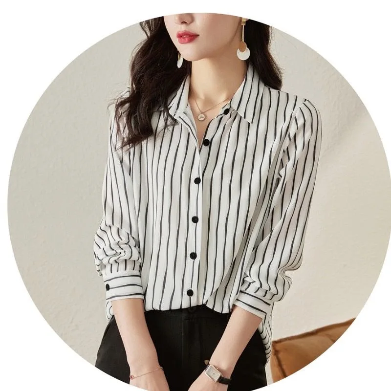 High-end Color Block Striped Blouse Women Classic Long Sleeve Office Korean Polo Collar Single-breasted Lady Chiffon Shirt