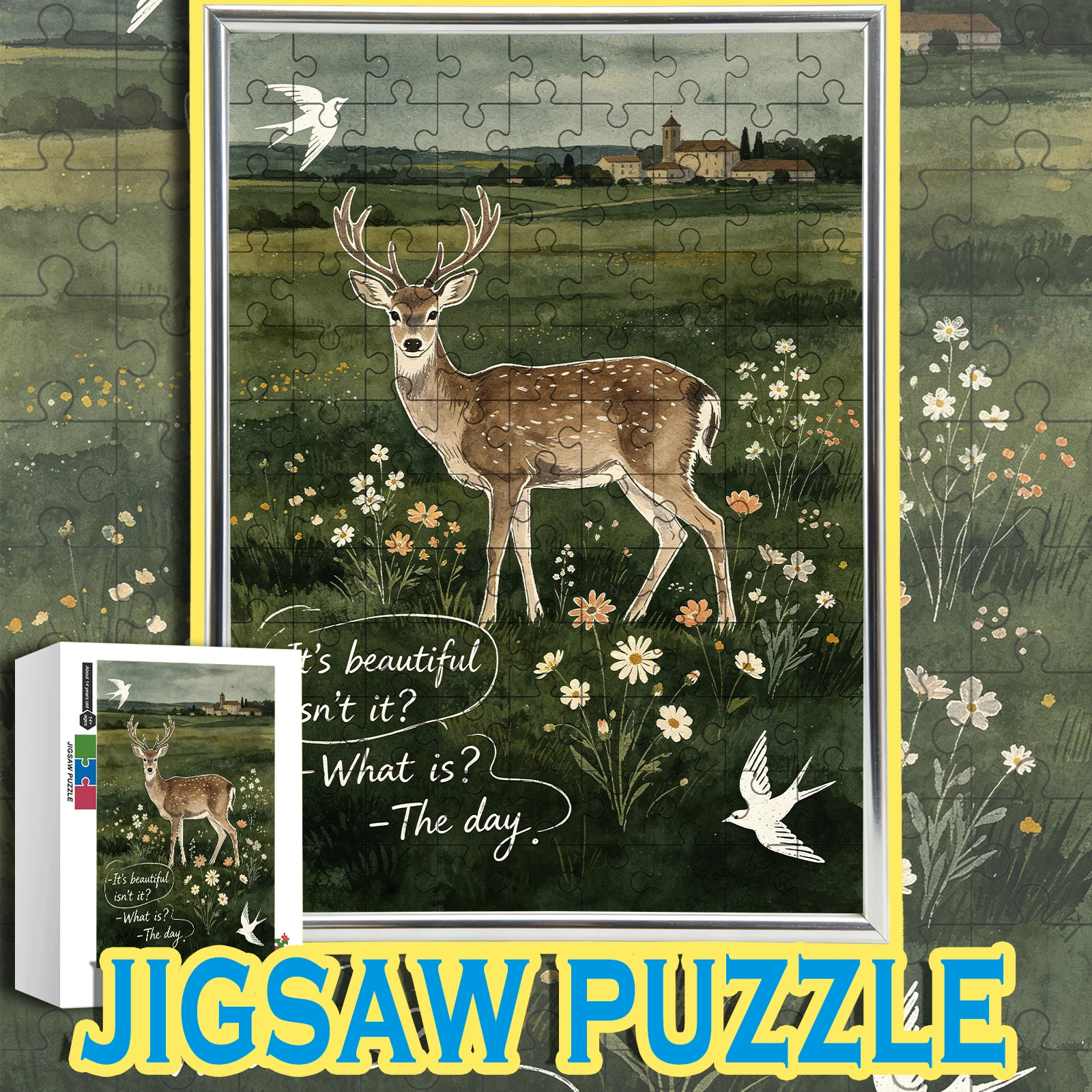 

Деревянный пазл в стиле коттеджкор с ретро-изображением оленя и цитатой, 108-1000 деталей, для домашнего декора