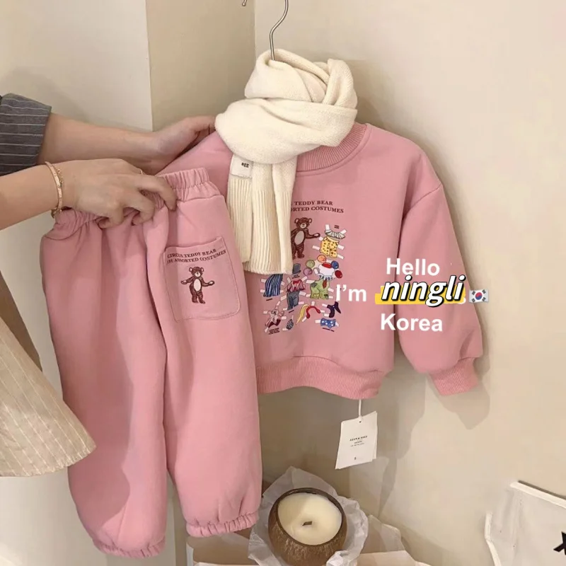 

Children's Suit South Korea Children's Clothing24Spring and Autumn Girls Cartoon Print Sweatshirt Little Girls Casual Jogger Pan