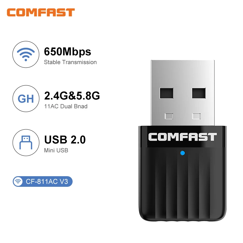COMFAST 무선 USB 와이파이 어댑터, 650 -1300Mbps 와이파이 동글, 2.4G, 5Ghz 네트워크 카드 안테나, PC 와이파이 랜, 리시버 윈 7, 8, 10, 11