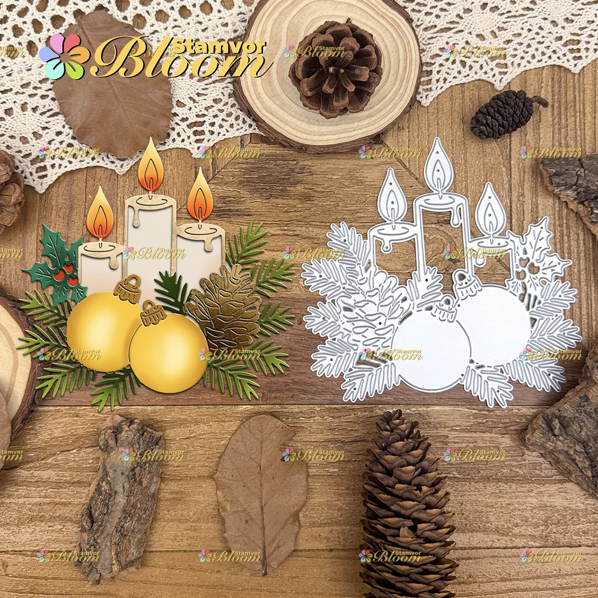 Original schöne Weihnachtskerzen-Glocken mit Kiefernblättern, Metall-Stanzformen für Scrapbooking, dekorative Prägung