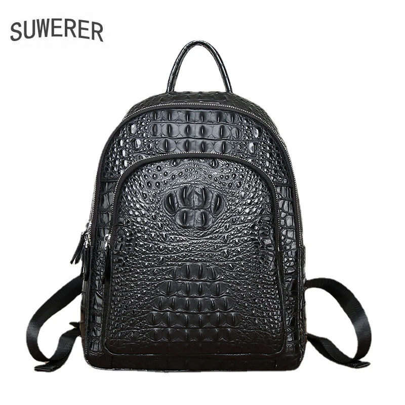 SUWERER 2022 New Cowhide Crocodile Pattern Women Backpack Fashion Women Genuine Leather Backpack Luxury Famous Brand Female Bag