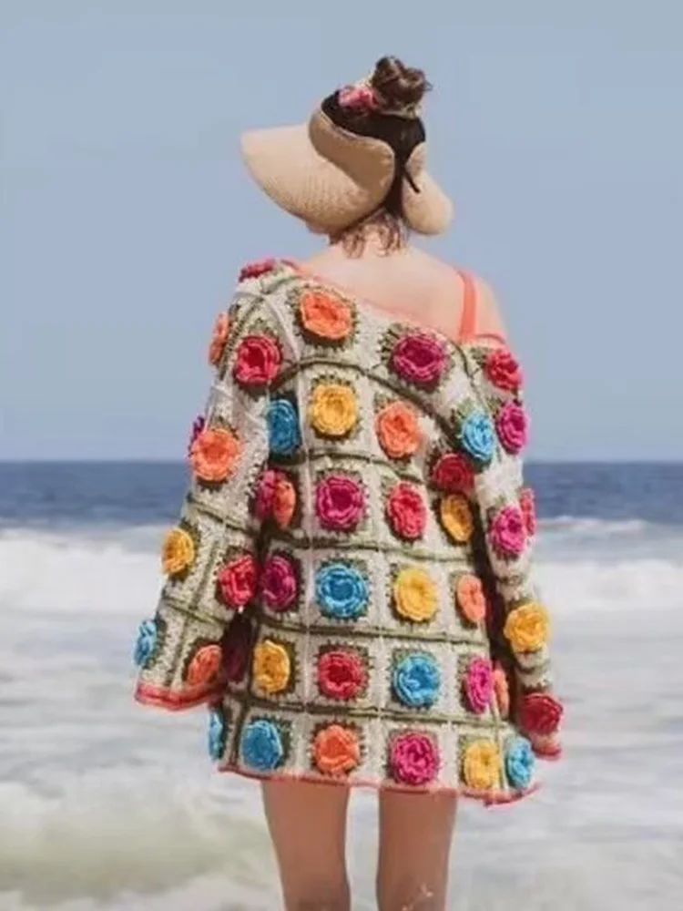 Gypsylady Boho Retro Chic Knitted Sweater Cardigan Flower Long Handmade Crochet Hollow Out Autumn Summer Women Jumper Streetwear