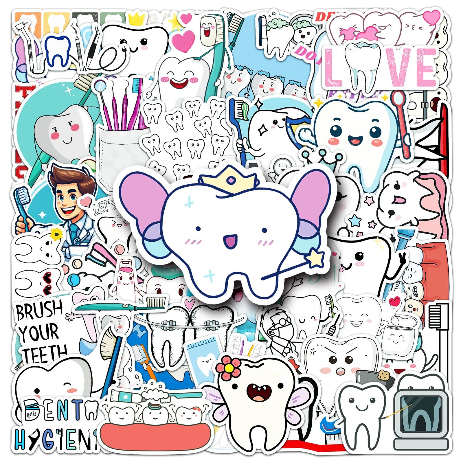 

10/50PCS Care and Protect Teeth Doodle Cartoon Decorative Water Cup Computer Mobile Phone Case Waterproof Sticker Kids Toy