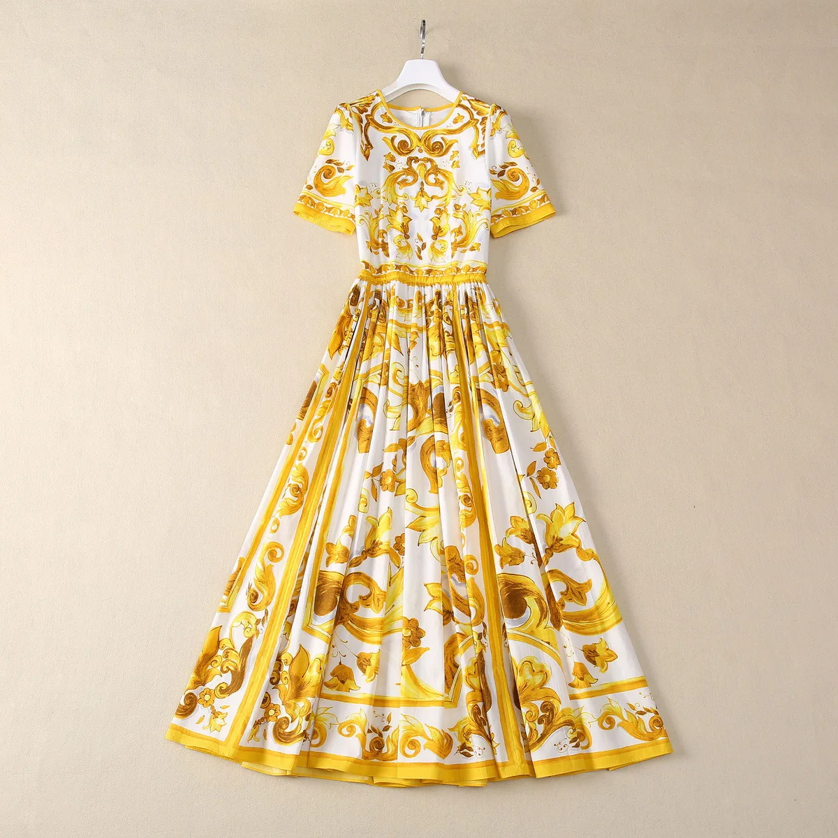 

Europe and the United States women's 2024 summer new Round neck Short sleeve yellow court print fashion Pleated cotton dress XXL