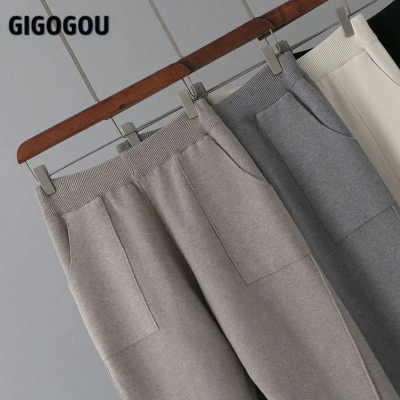 GIGOGOU Fashion Striped Women Harem Pants Autumn Winter Solid Peg Leg Fly Pants Workwear Carrot Trouser Knitted Thick Warm Pants