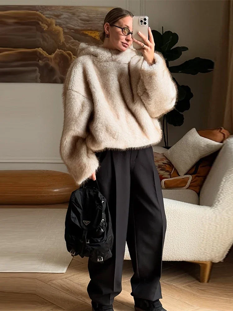 Fashion Furry Hooded Faux Fur Coats Women Loose Long Sleeve Warm Solid Pullovers 2026 Autumn Winter New Lady Street Outerwear