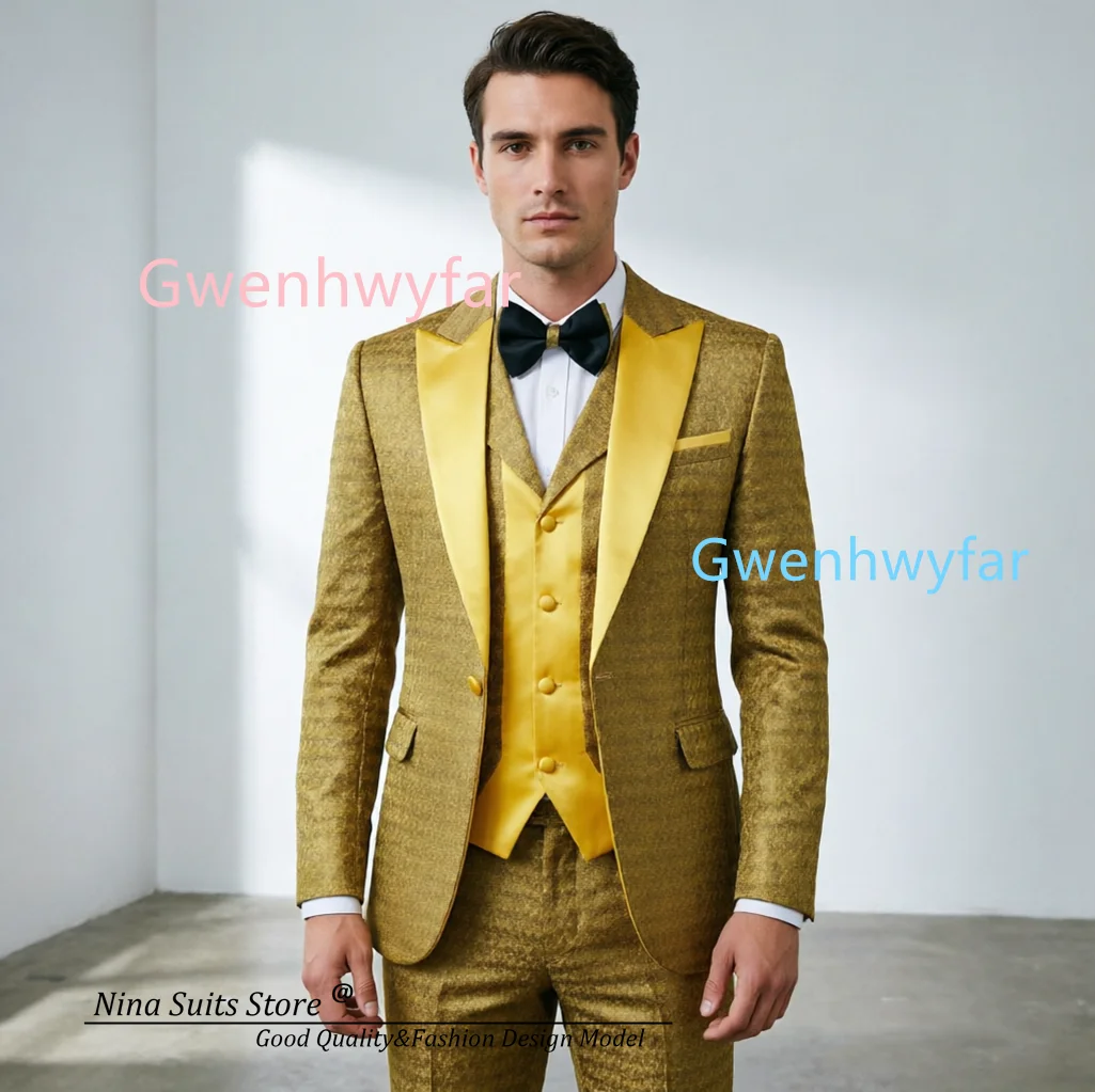Gwenhwyfar 2026 High Quality 3-piece Elegant Wedding Suit with Golden Wheat Pattern Men's Evening Party Ball Fashion Prom Tuxedo