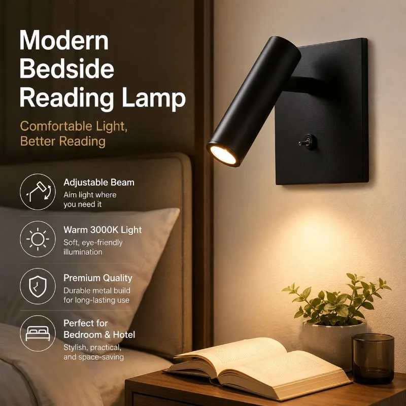 Hotel Bedside LED Wall Reading Light 3W Adjustable Spot Sconce 3000K Eye Care Lamp with Switch for Bedroom Guest Room Decor