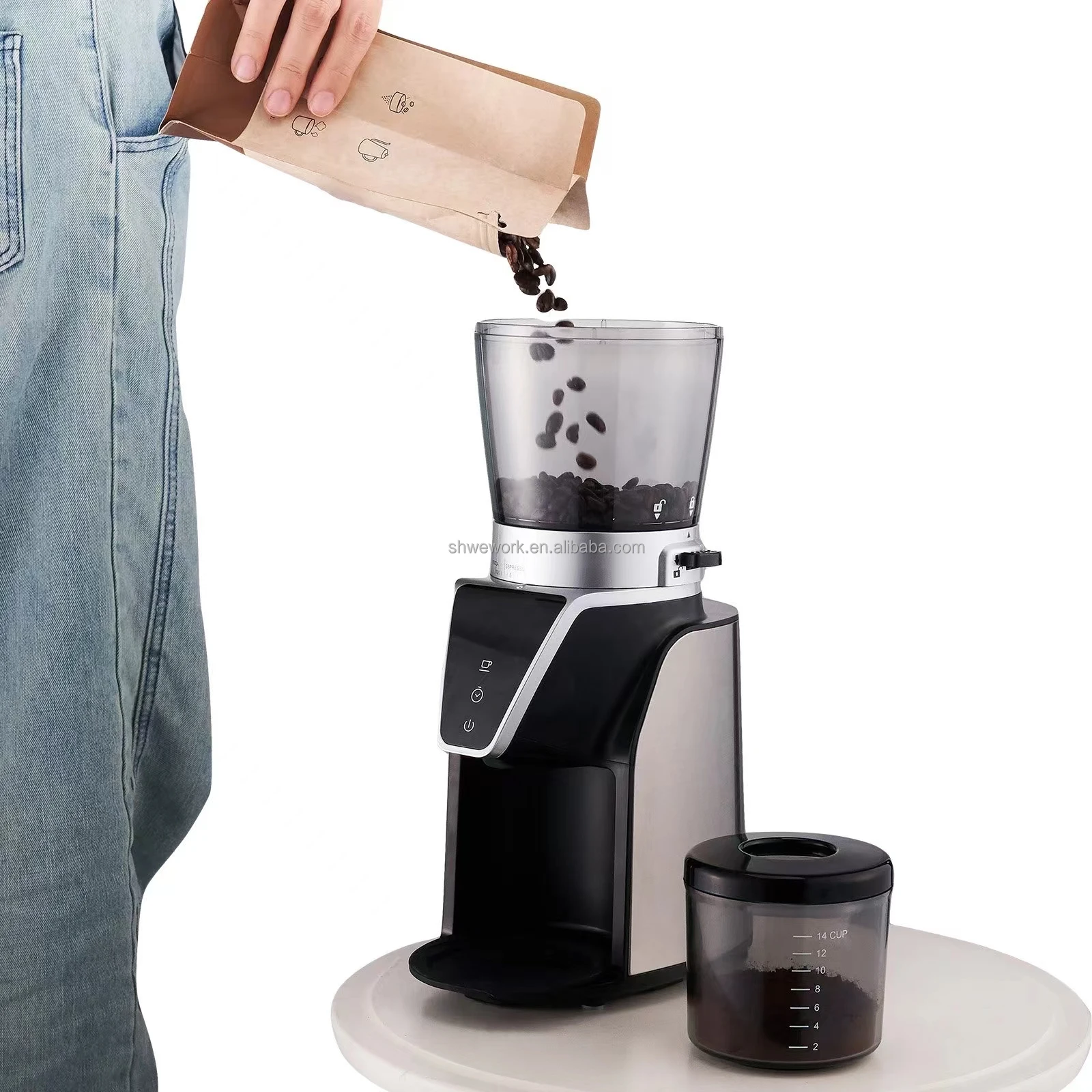 مطحنة لدغ مخروطية الشكل كهربائية قابلة للتعديل من WeWork مثالية لمطحنة حبوب قهوة اسبريسو بالضغط الفرنسي من موكا بالتنقيط
