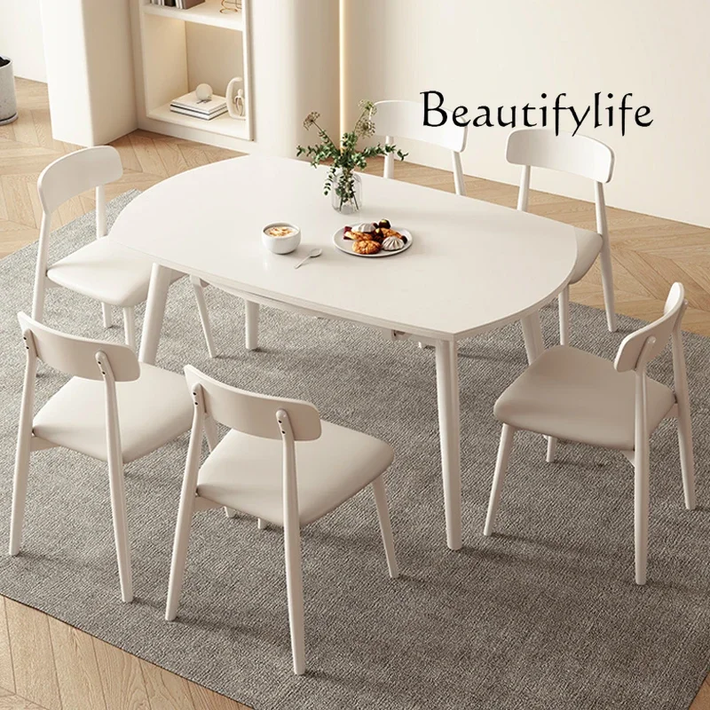 

A French Cream Style Stone Plate Solid Wood Dining Table Retractable Dual-Use Small Apartment Dining Tables And Chairs Set