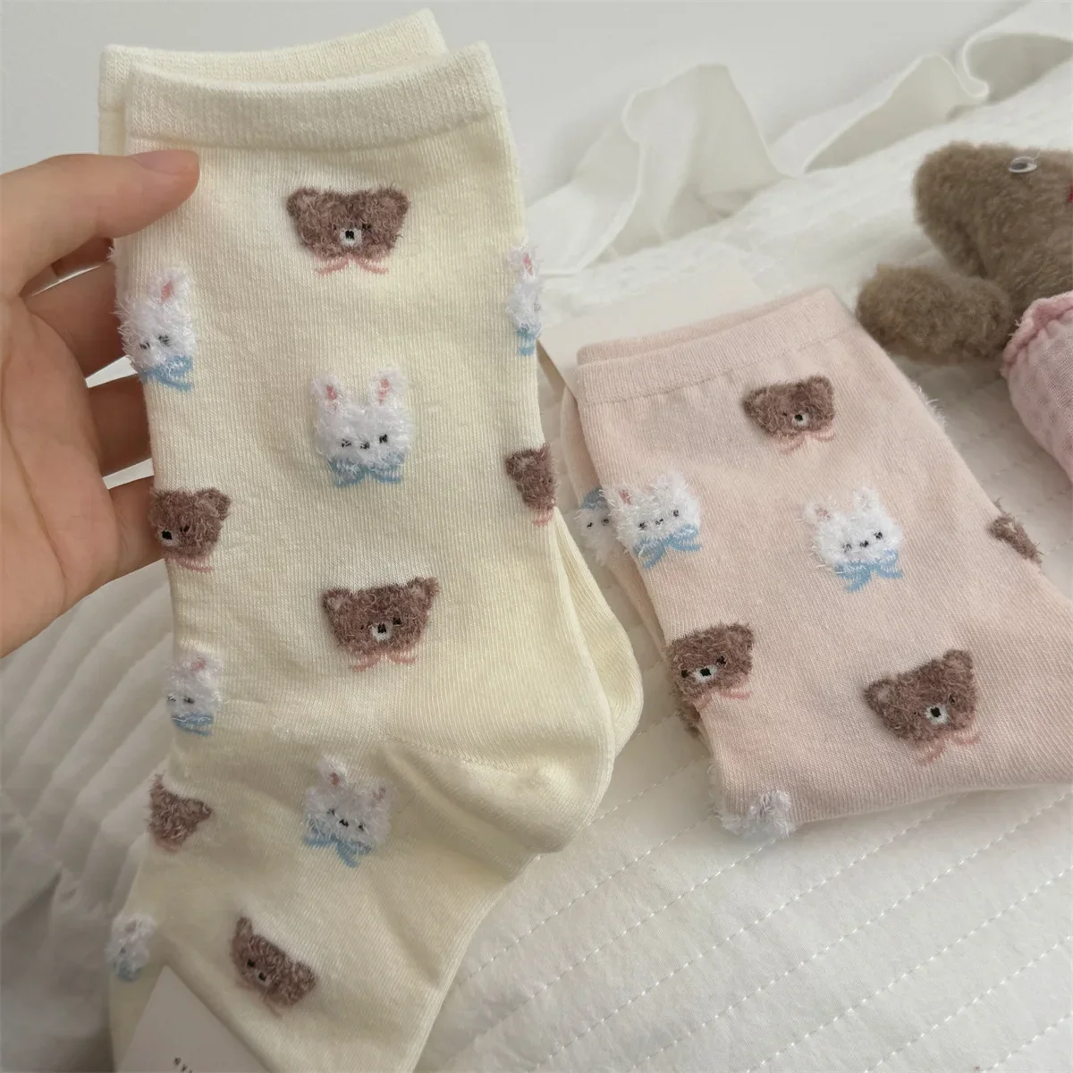 SP&CITY Cute Rabbit Bear Middle Socks for Women Trendy Casual Cartoon Cotton Socks College Style Sweet Girl Breathable Socks