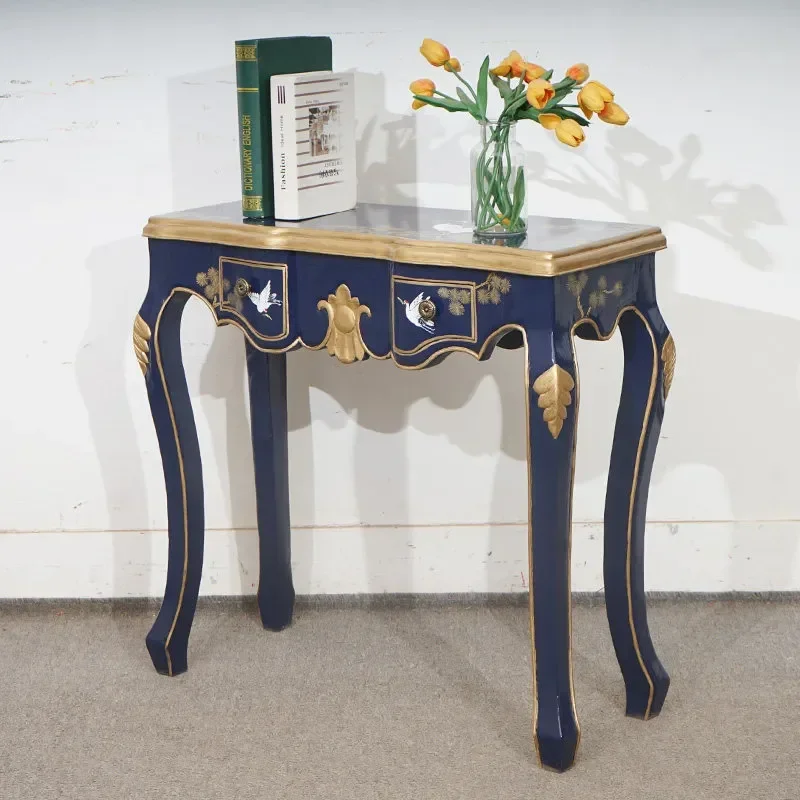 French Solid Wood Hand Painted Carved Entrance Table Modern Simple Shelf for New Chinese Villa Living Room Hallway Console