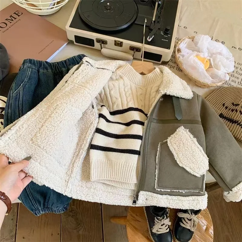 2024 New Boys Autumn and Winter Children\'s Outerwear Thickened Lamb Wool Outerwear Casual and Cute Warm Girl Cotton Jacket