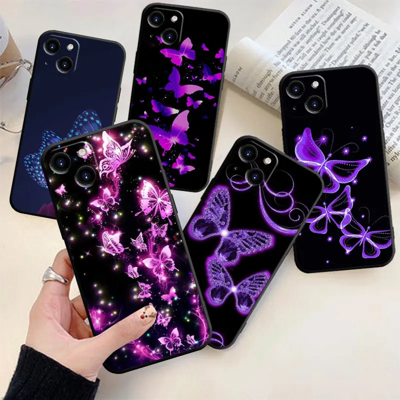 Purple Butterfly Case For iPhone 15 14 13 12 11 Pro Max Plus 13 Mini X XR XS MAX 8 7 6 6S Plus  SE  TPU Cover