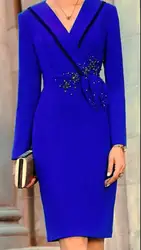 Royal Blue Mother Of The Bride Dresses Sheath Long Sleeves Chiffon Beaded Plus Size Short Groom Mother Dresses For Wedding