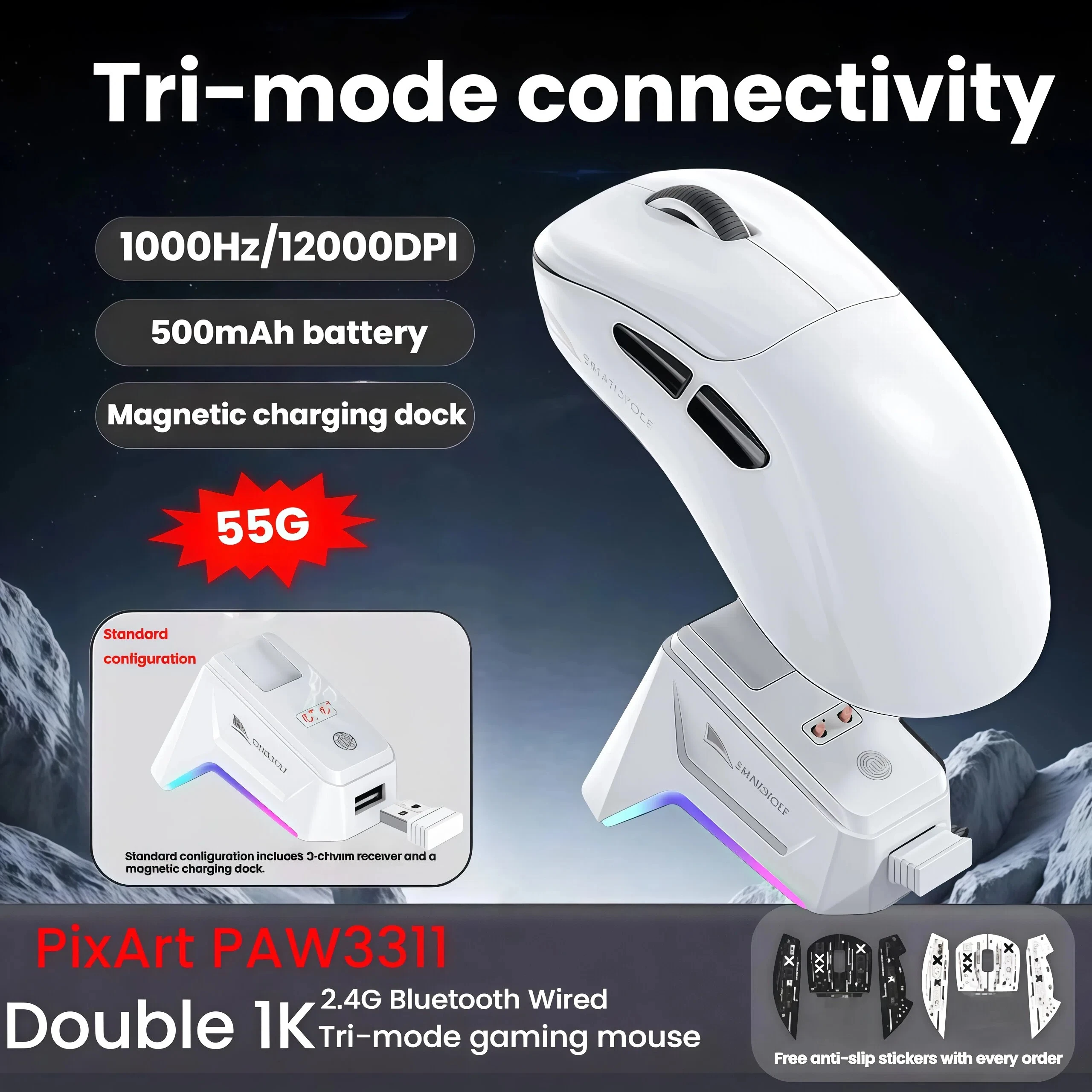 

Smaiwolf M5 Tri-Mode Gaming Mouse PAW3311 Chip Programmable Gaming 12000 DPI Magnetic Charging Base Compatible with PC, Laptop,