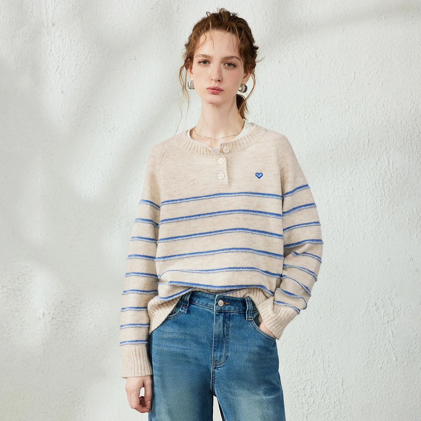 TOYOUTH Women Sweater 2026 Autumn New Wool Blend Stripe Slightly Loose Crew Neck Half Placket College Style Knit Tops