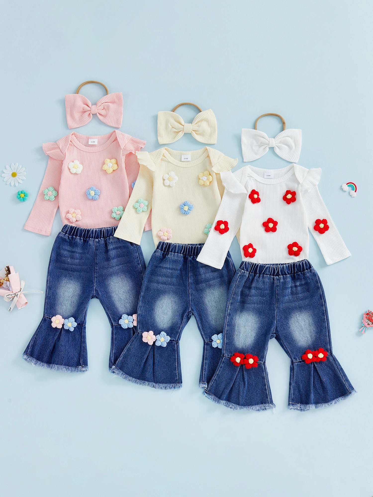 

Очаровательный осенний ансамбль для маленьких девочек, вязаный комбинезон с цветочным принтом, джинсовые расклешенные брюки и одинаковый комплект из 3 предметов с повязкой на голову с бантом