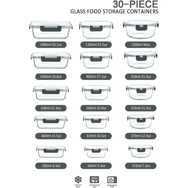 30 Pieces Glass Food Storage Containers with Snap Lock Lids, Glass Lunch Box Set - Airtight Lunch Box