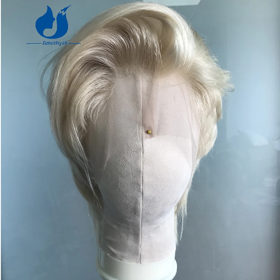 

Amethyst Wolf Cut Platinum Blonde 60# Short Cut Wig for Men Layered Full Lace Human Hair Wig PreStyled Male Hair Replacement