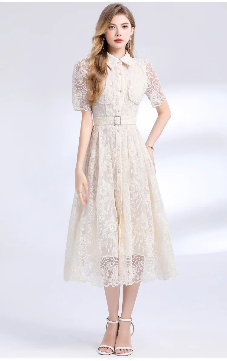 高品質ソリッドメッシュ刺繍スリムミディ丈ワンピース レディース ヴィンテージラペル半袖ラグジュアリービーズロングドレス ベルト付き