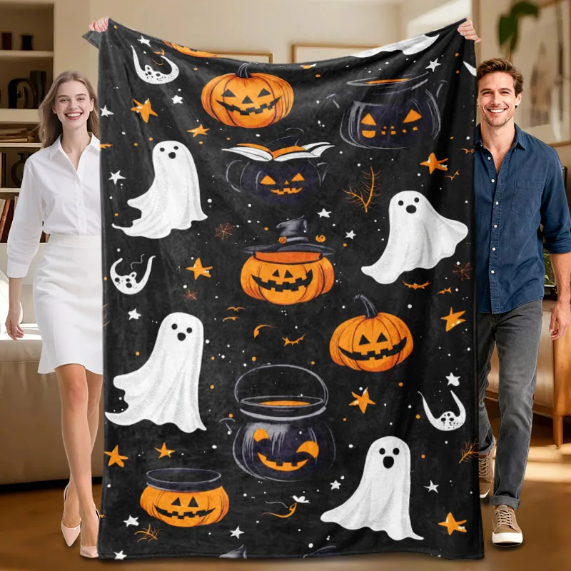 

Цельное фланелевое одеяло на тему Хэллоуина с тыквой и призраками, идеально подходящее для дивана, кровати, офиса. Идеальный подарок для семьи, друзей