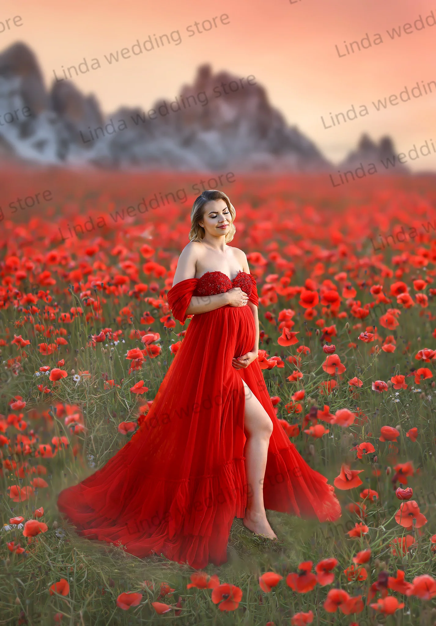 Red Tulle Maternity Gowns Pretty Sequined Appliqued Photo Robe De Noche Off Shoulder Pregnant Photography Props for Babyshower